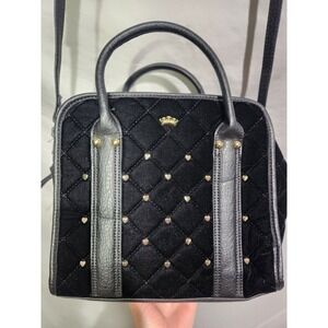 Y2K Juicy Couture Black Quilted Velvet Purse Leather Trim Gold Stud Heart